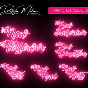 Animierte Neon Pink Twitch ALerts, Follower, Abonnenten, Spende, Host, Bits und Raid Alarm in Pink mit transparentem Hintergrund.