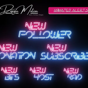 Animated Neon Twitch Alerts, Follower, Subscriber, Donation, Host, Bits and Raid Alert in Pink and Blue with transparent background.