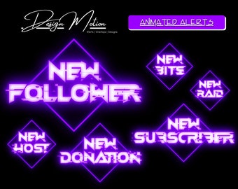 Animated Neon Purple Twitch Glitch Alerts, Follower, Subscriber, Donation, Host, Bits, and Raid Alert with transparent background