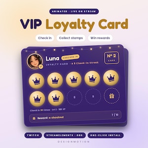 Puede incluir: Una tarjeta de fidelidad VIP digital morada para transmisiones en vivo con el texto Luna, Check-in, Collect stamps, Win rewards y No 2 Card. La interfaz muestra un avatar de usuario, una racha de registro, iconos de corona y una barra de progreso.
