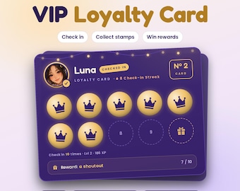 Twitch Loyalty Card Widget, Check In Widget, VIP Stamp Card, Animated Stream Overlay, Viewer Rewards, StreamElements OBS Widget