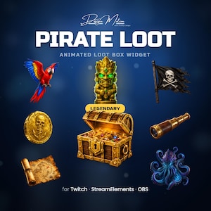 Widget de Twitch de caja sorpresa de cofre pirata, superposición animada de StreamElements, juego de desempaquetado de cofre del tesoro, puntos de canal, bits, suscripciones, OBS