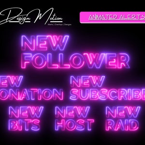 Animated Neon Twitch Alerts in Pink and Purple Follower, Subscriber, Donation, Host, Bits Raid  Pink & Purple with transparent background