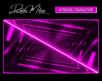 May include: A pink and black animated stinger transition with a neon pink light beam in the center. The text "STINGER TRANSITION" is in a white box with a pink outline.