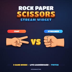 Op de afbeelding: Een digitale afbeelding voor een Rock Paper Scissors stream-widget met de tekst "ROCK PAPER SCISSORS STREAM WIDGET". Het toont een hand die een schaar maakt voor "CHAT" en een vuist voor "STREAMER" met "VS" in het midden en "3 GAME MODES • LIVE LEADERBOARD • TWITCH" onderaan.