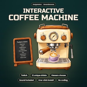 May include: A cream-colored espresso machine with wood accents, a pressure gauge, and a portafilter. Beside it is a menu board listing drinks like Espresso and Latte. Text includes "INTERACTIVE COFFEE MACHINE," "Twitch," and "12 unique drinks."
