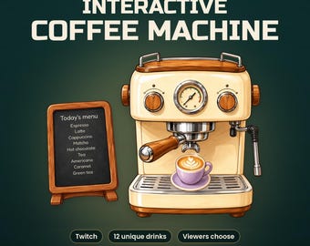 Superposition Twitch « Machine à café » - Les spectateurs commandent 12 boissons uniques - Widget StreamElements interactif et animé représentant un café chaleureux