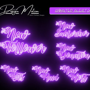 Animated Neon Purple Twitch Alerts, Follower, Subscriber, Donation, Host, Bits and Raid Alert in Purple with transparent background.