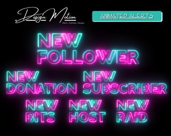 May include: Animated alerts for Twitch streams, featuring neon pink and blue text with the words "NEW FOLLOWER", "NEW DONATION", "NEW SUBSCRIBER", "NEW BITS", "NEW HOST", and "NEW RAID".