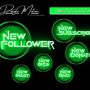Animated Neon Green Twitch Glitch Alerts, Follower, Subscriber, Donation, Host, Bits & Raid with transparent background