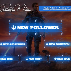 Puede incluir: Alertas animadas para redes sociales, con un diseño azul y blanco con el texto "NEW FOLLOWER", "NEW SUBSCRIBER", "NEW DONATION", "NEW BITS", "NEW HOST" y "NEW RAID".