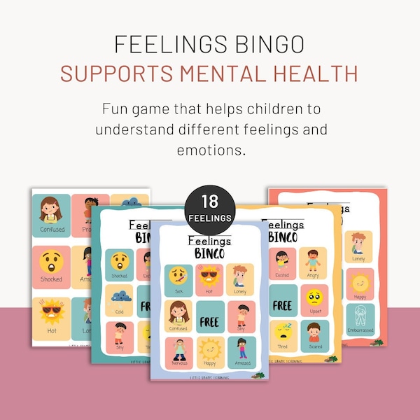 Emotions Bingo Cards / Feelings Bingo Game / Printable Mental Health Kids Activity Emotional Intelligence for Children Fun Instant Download