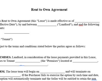 Rent to Own Agreement Download digitale stampabile