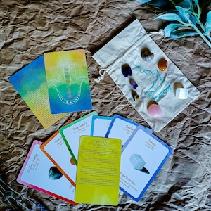 Crystal Chakra Set - Chakra Cards Deck, 7 Chakra crystal set, Chakra kit, Chakra stones, healing stones, amethyst, Grounding Journey