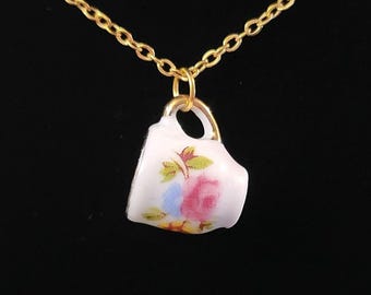 Floral Teacup Gold Plated Necklace with Floral Design