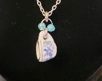 Blue & White Teacup Necklace with Baby Blue Accent Beads