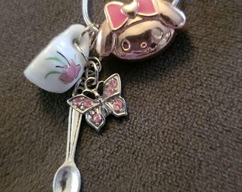 IT&#39;S PINK! My Melody Pink Tea Party Necklace with Teacup, Butterfly, and Mini Spoon Charms and Pink/Rose Gold My Melody Charm