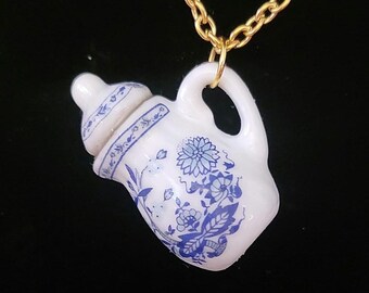 Floral Teapot Gold Plated Necklace with White and Blue Floral Design