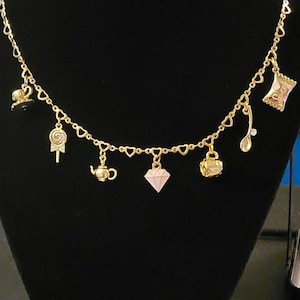 24K Gold Filled & Cubic Zirconium Charm Necklace with Teapot, Tea Cups, Spoon, Diamond, and Sugar Packet Charms