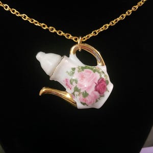 Grand Teapot Gold Plated Necklace with Hand Painted Roses and Gold on Large White Ceramic Dollhouse Teapot