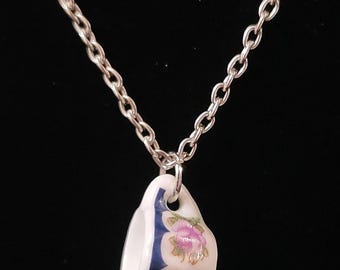 Teacup Necklace with Floral Blue Lace Teacup and Silver Plated Chain