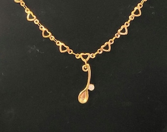 Gold Plated Spoon Necklace with Hearts and Pave Crystal Accent