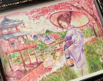 Arte de geisha japonesa - Maiko al atardecer — Impresión de acuarela de bellas artes