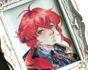 Impresión de retrato en acuarela de Genshin Impact de Diluc, a partir de arte de acuarela original pintado a mano