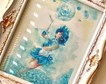 Lámina artística en acuarela del guerrero del planeta Mercurio pintado a mano SM