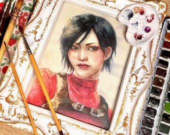 Lámina artística en acuarela de una espionaje roja femme fatale pintada a mano.