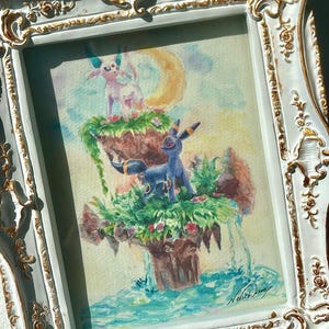 Impresión en acuarela de Pokémon Espeon y Umbreon, a partir de una obra de acuarela original pintada a mano