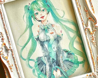 Impresión artística en acuarela de Hatsune Miku/Vocaloid, hecha a mano con acuarela tradicional original.
