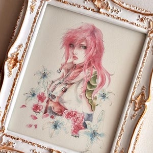 May include: Watercolour portrait of a person with pink hair, surrounded by pink roses and blue lilies, in a white ornate frame with gold accents. The artwork features a detailed illustration style.