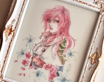 Lámina artística en acuarela a partir de la fantasía final 13 "Rayo", pintada originalmente a mano.