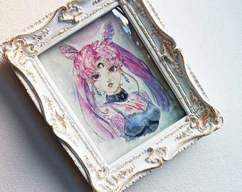 Lámina artística en acuarela pintada a mano inspirada en la luna de la Bruja de las Sombras y la chica mágica.