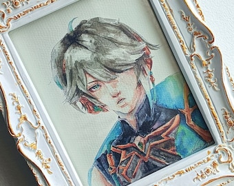 Impresión de retrato en acuarela de Alhaitham Genshin Impact, a partir de arte de acuarela original pintado a mano