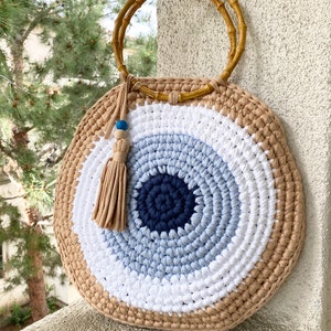 Sac au crochet, sac fourre-tout pour femmes, sac Evil Eye, sac à tricoter, sac de plage d’été, sac au crochet fait à la main, crochets en fil de coton, cadeau pour elle