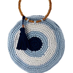 Crochet Bag, Tote Bag for Women, Evil Eye Bag, Baby Blue Knitting Bag, Summer Beach Bag, Handmade Crochet Bag, Recycled Cotton Yarn Crochets