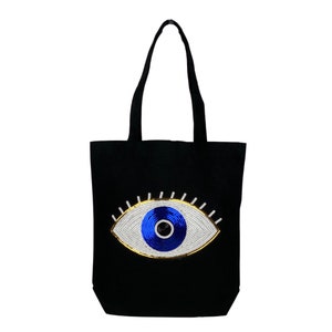 Evil Eye Bag, Sequins Applique, Blue Eye Patch, Canvas Tote Bag, Shoulder Bag for Women, Beach Bag, Gusset Bag, Everyday Bag, Gift For Her