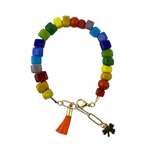 Rainbow Square Bead Bracelet, Handmade Glass Jewelry, Lucky Charm Bracelet, Colorful Tassel Jewelry, Adjustable, Turkish Beads