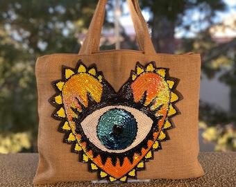 Evil Eye Bag, Tote Bag for Women, Large Jute Tote, Waterproof Beach, Heart Patch Sew on, Shoulder Bag, Long Strap, Carry All, Gift For Her