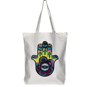 Hamsa Hand Tote Bag, Evil Eye Bag, Hand of Fatima, Tote Bag, Canvas Tote Bag, Colorful Hands, Shoulder Bag Women, Beach Bag, Gift for Her