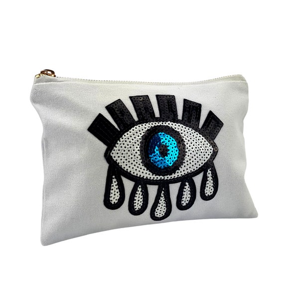 Canvas Beutel Tasche, Evil Eye Bag mit Reißverschluss, Pailletten Patches Handgemacht, Make Up Beutel, Abwischbares Futter, Wasserdichte Clutch Geldbörse, aus weißer Leinwand