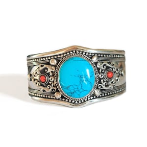 Blue Turquoise Bracelet, Birthstone Cuff Bracelet, Bohemian Cowboy Jewelry, Nepal Ethnic Bracelet, Jewelry for Men & Women, Red Coral Gems,