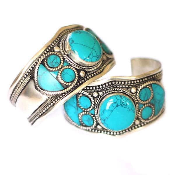 Blue Turquoise Bracelet, Mosaic Adjustable Cuff, Bohemian Style Jewelry,  Cowboy Stone Bracelet,  Nepal Statement Bangle, Gemstone Ornament