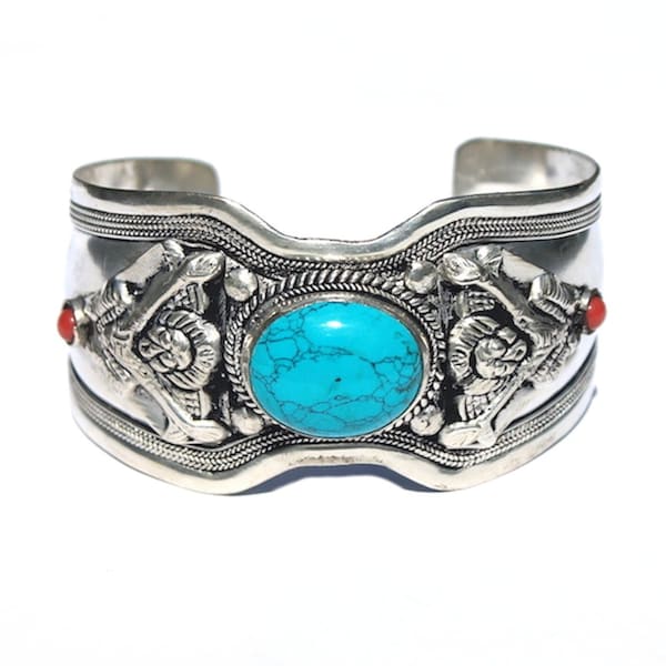 Single Stone Bracelet, Blue Turquoise Cuff, Boho Cuff Bracelet, Ethnic Jewelry, Bohemian Bracelet, Ornate Coral Bracelet, Tibetan Bracelet