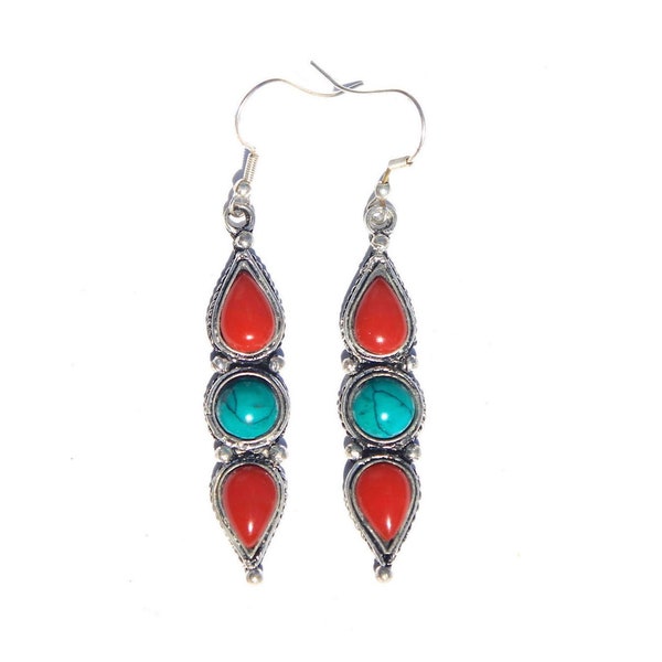 Blue Turquoise Earrings, 2 Stone Earrings, Bohemian Coral Earrings, Bohemian Jewelry, Drop and Dangle Earrings, Healing Stone Jewelry,