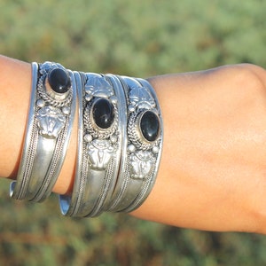 Black Onyx Cuff Bracelet, Adjustable German Silver Boho Jewelry for Men & Women
