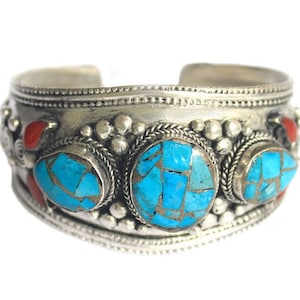 Blue Turquoise Mosaic Bracelet, Bubble Bracelet, Ethnic Adjustable Cuff, Tibetan Style Jewelry, Chunky Statement Bangle, Red Coral Ornament