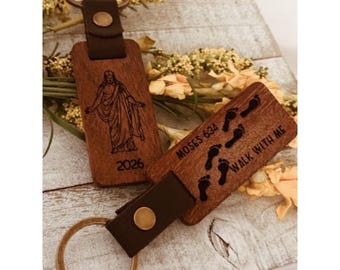 Wood Keychain with Leather Strap | Walk With Me Moses 6:34 | 2026 LDS Youth Theme Gift | Engraved Christian Keychain | Faith Gift